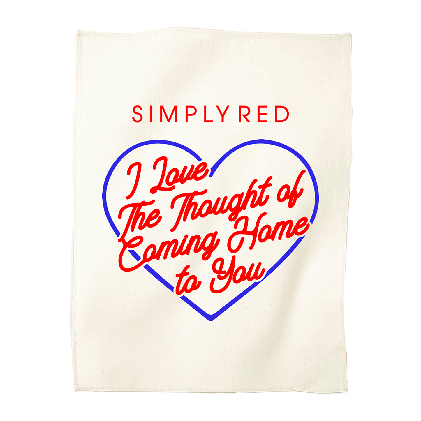 Tea towel with 'Simply Red' text and heart design on a white background