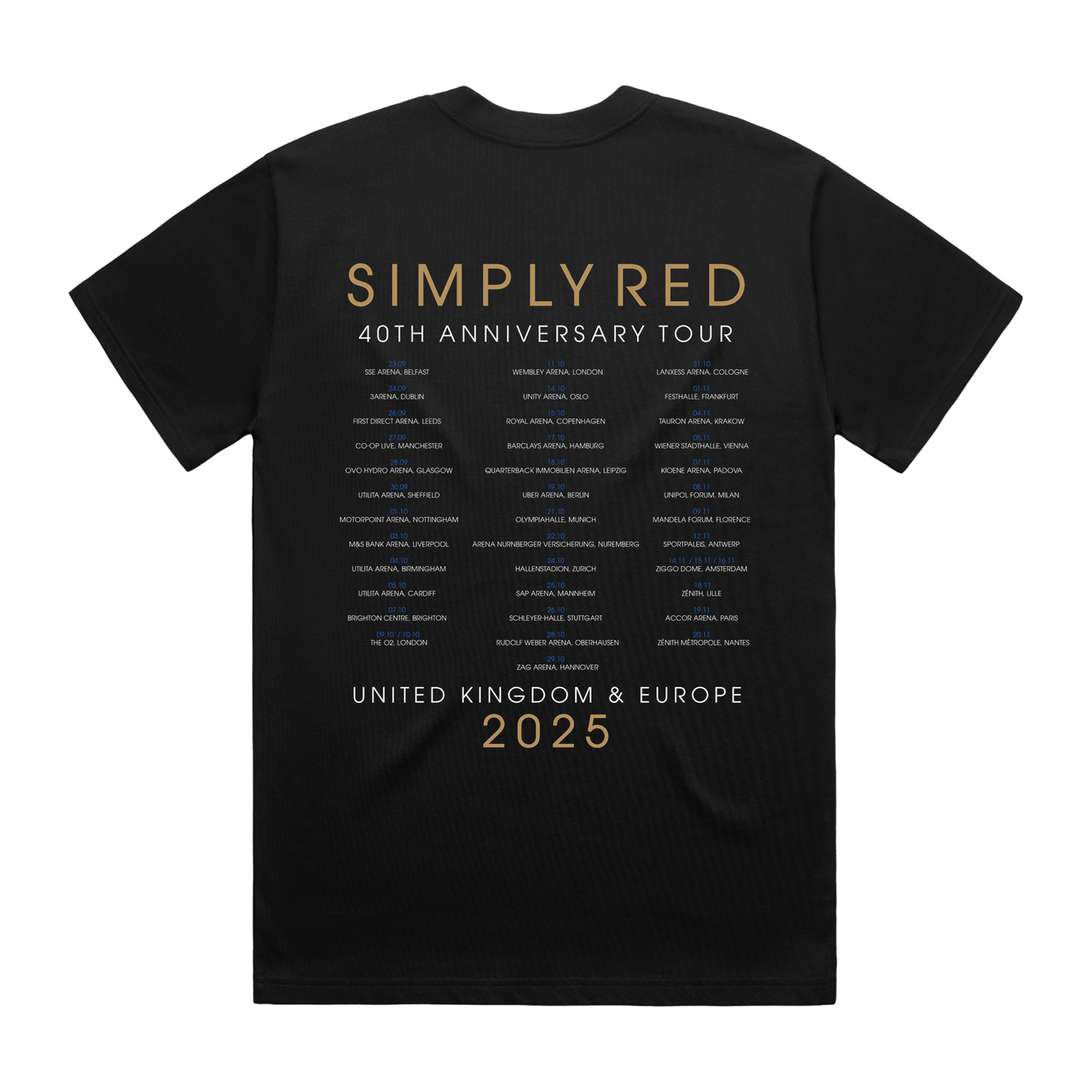 Black t-shirt with gold and white text for Simply Red 40th Anniversary Tour
