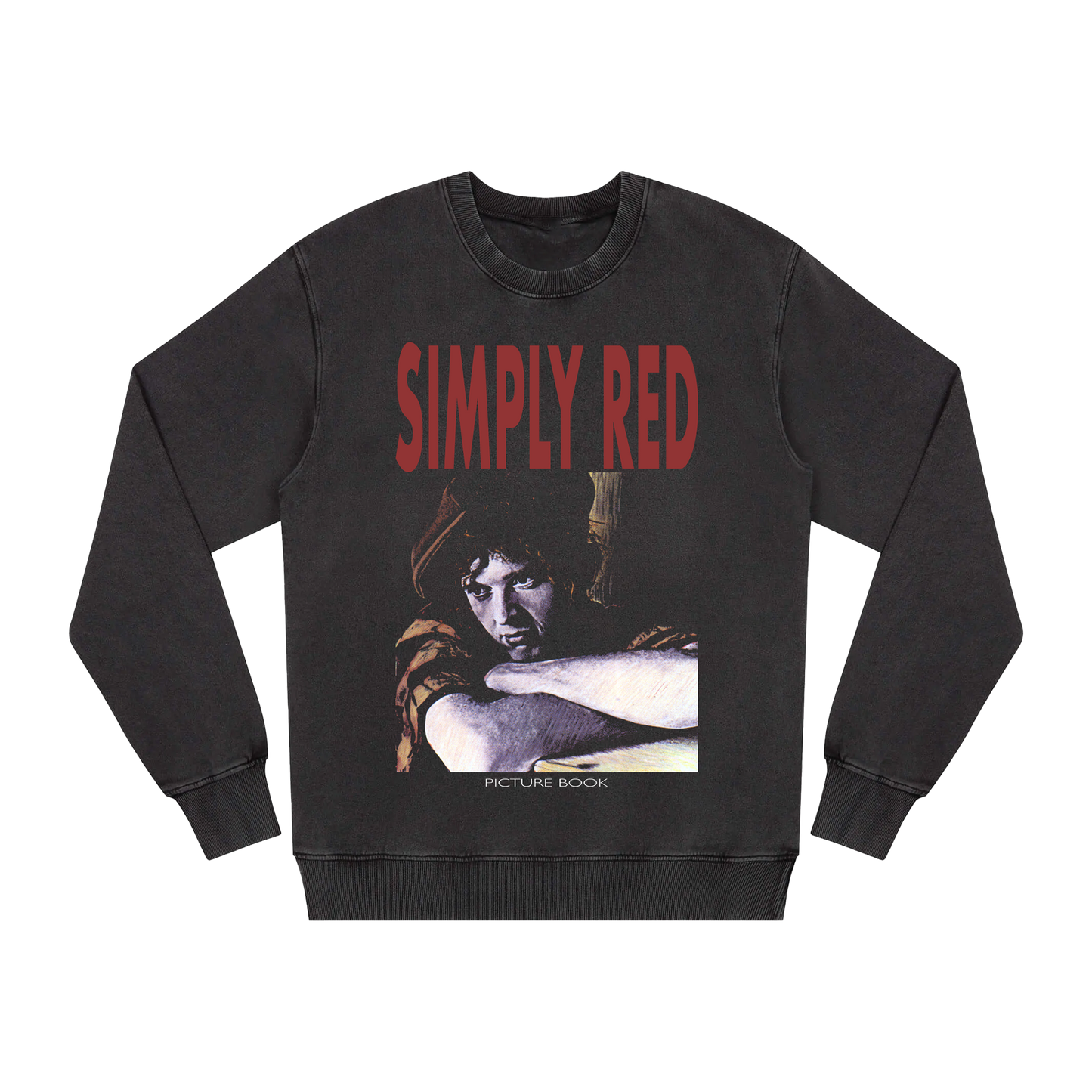 Black sweatshirt with 'Simply Red' text and print design