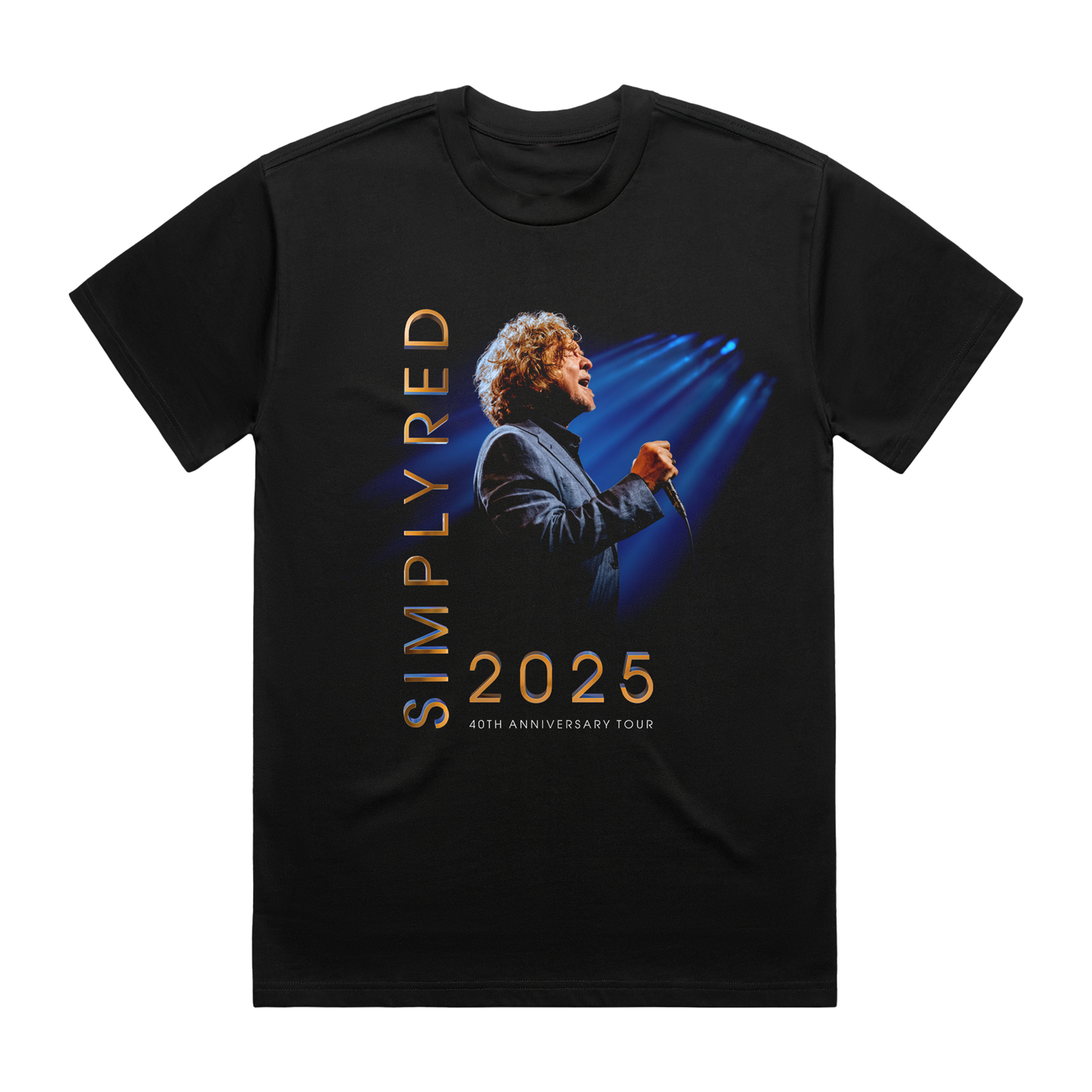 Black t-shirt with a graphic of a person on stage and 'Simply Red' text