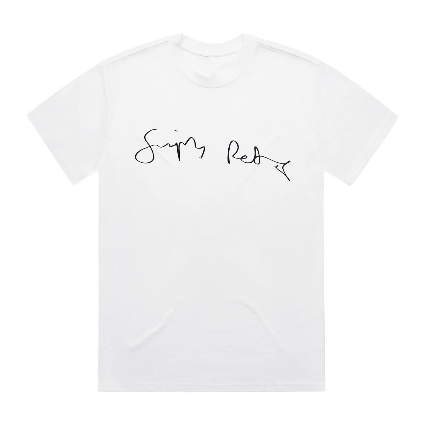 White t-shirt with 'Simply Red' Handwriting black text on a white background