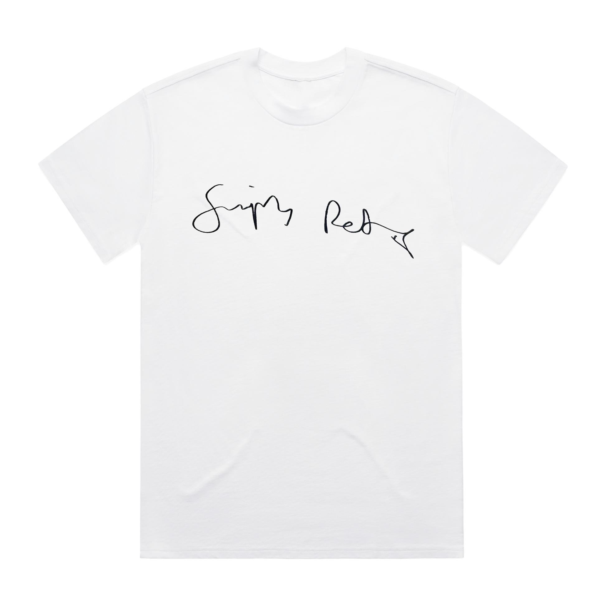 White t-shirt with 'Simply Red' Handwriting black text on a white background