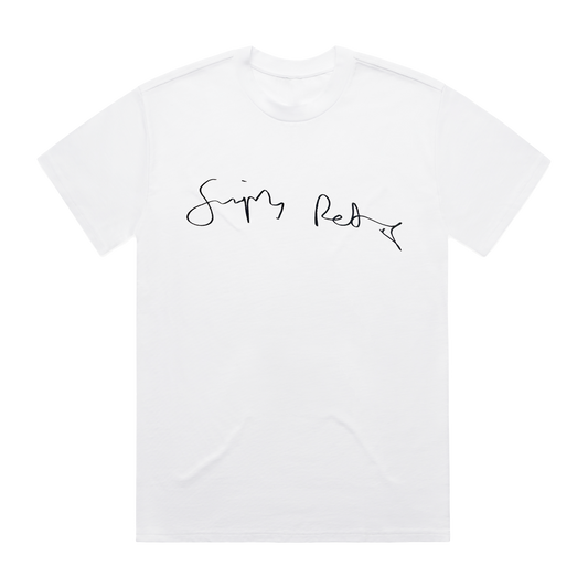 White t-shirt with 'Simply Red' Handwriting black text on a white background