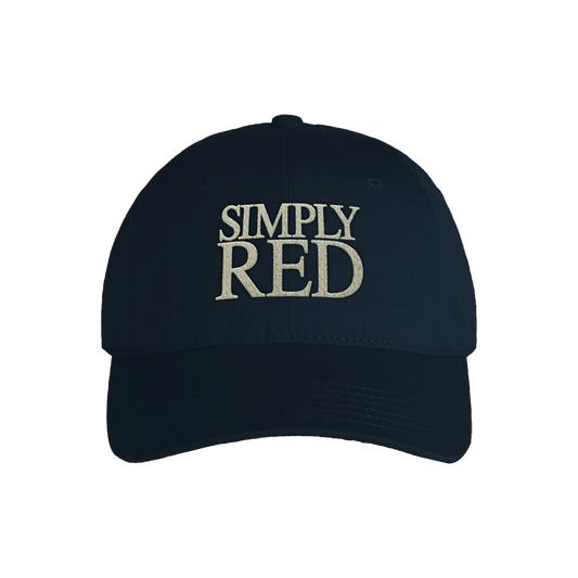 Black cap with 'Simply Red' text on a white background