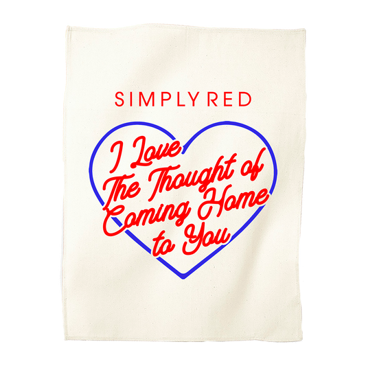 Tea towel with 'Simply Red' text and heart design on a white background