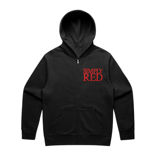 Black hoodie with 'Simply Red' text 