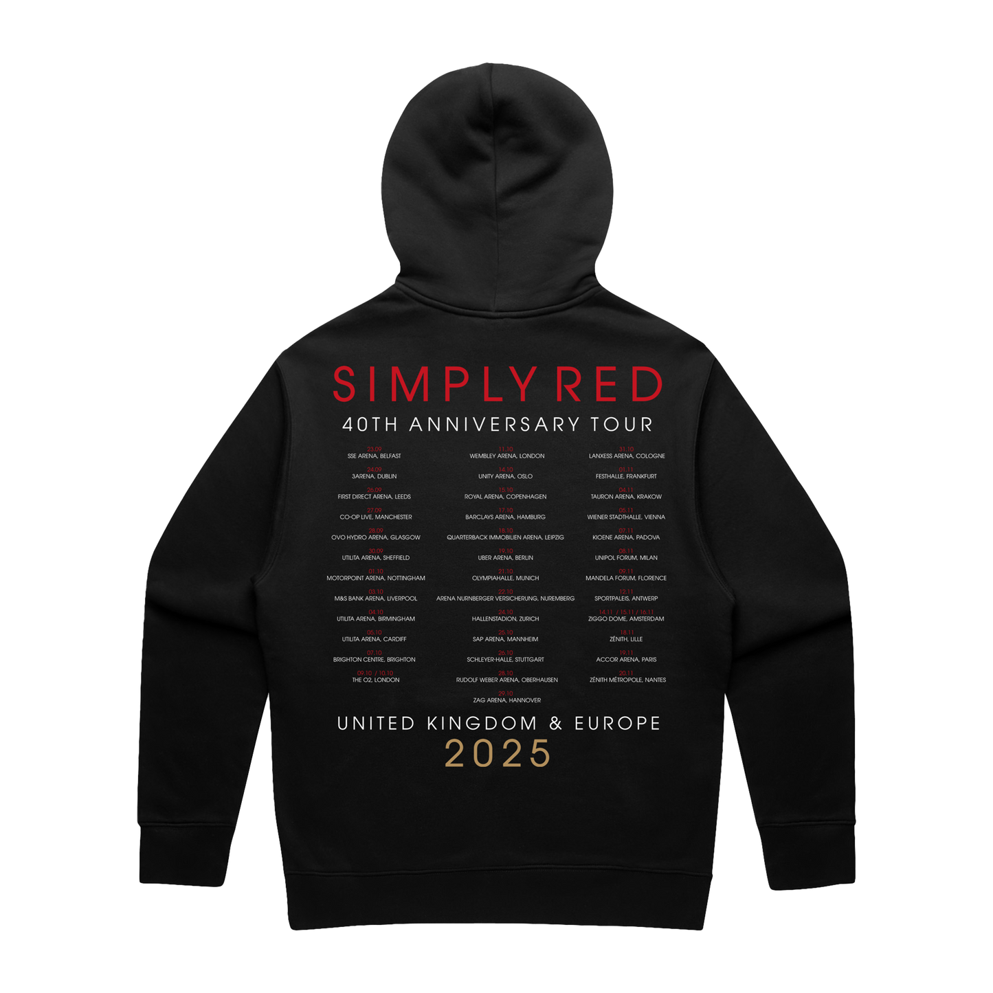 Black hoodie with Simply Red 40th Anniversary Tour text on the back