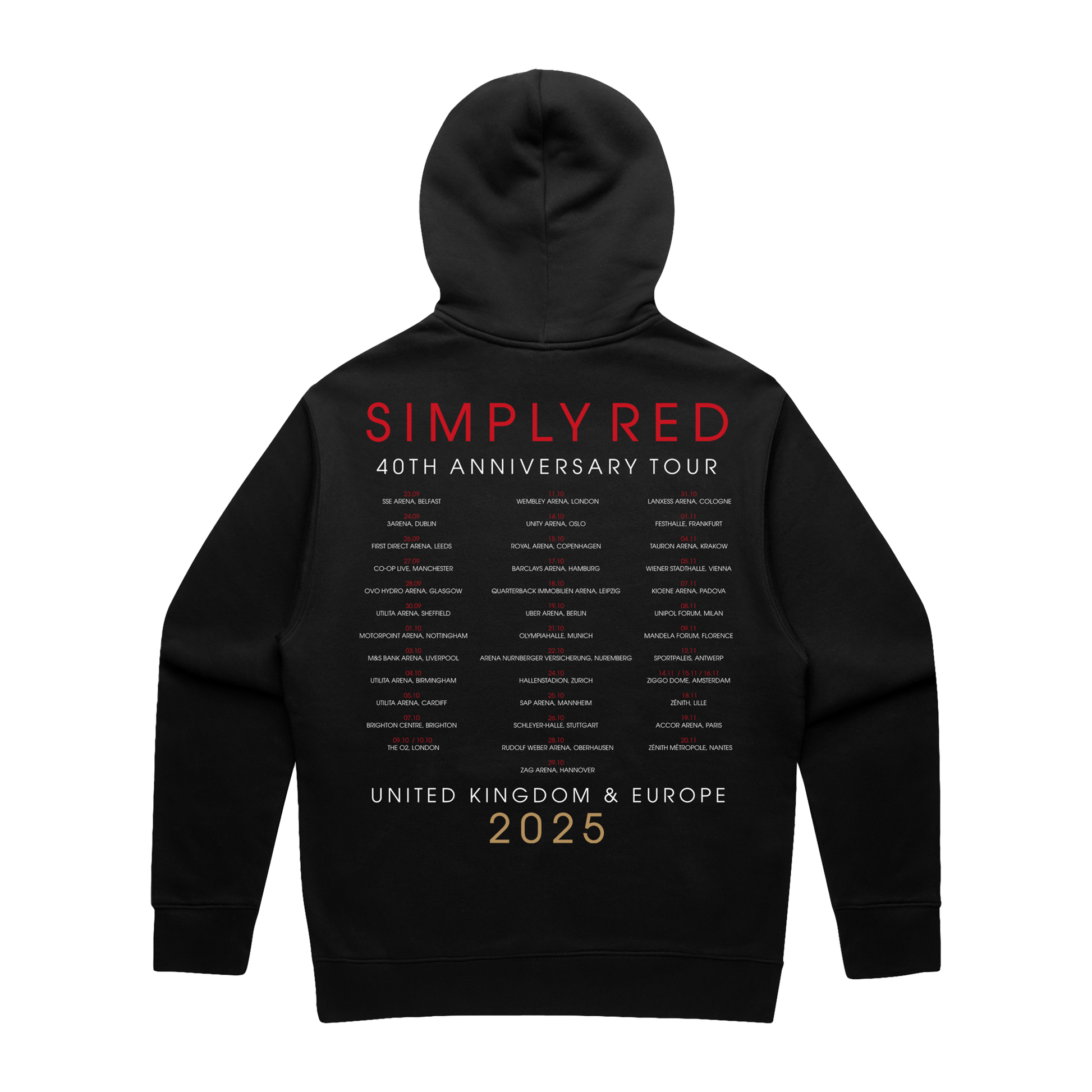 Black hoodie with Simply Red 40th Anniversary Tour text on the back