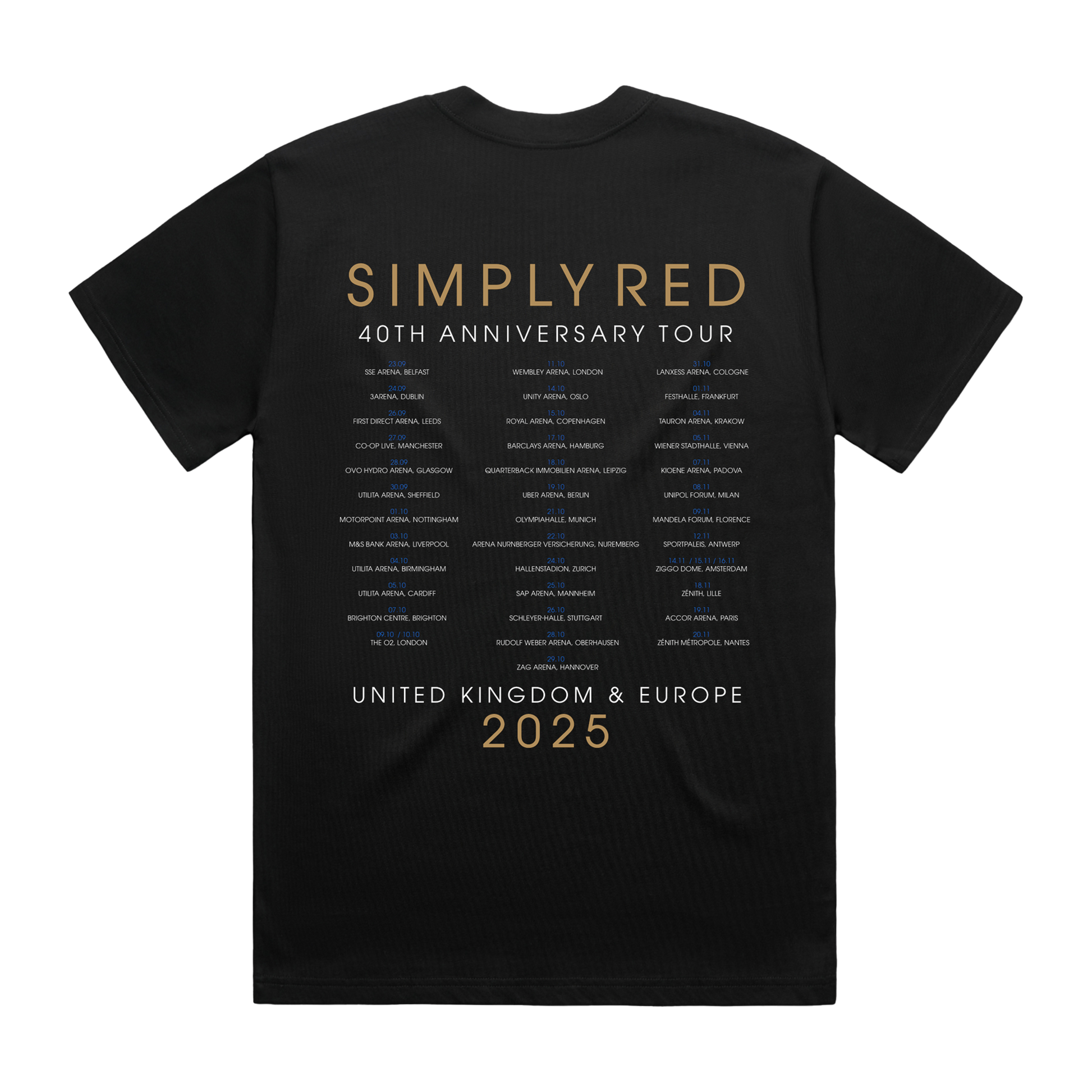 Black t-shirt with gold and white text for Simply Red 40th Anniversary Tour 