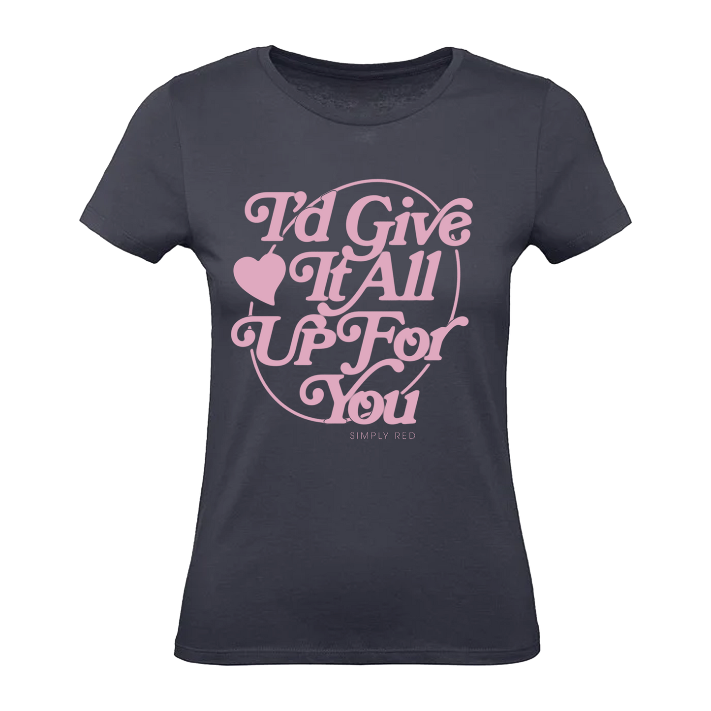 Navy blue t-shirt with pink text and heart design 
