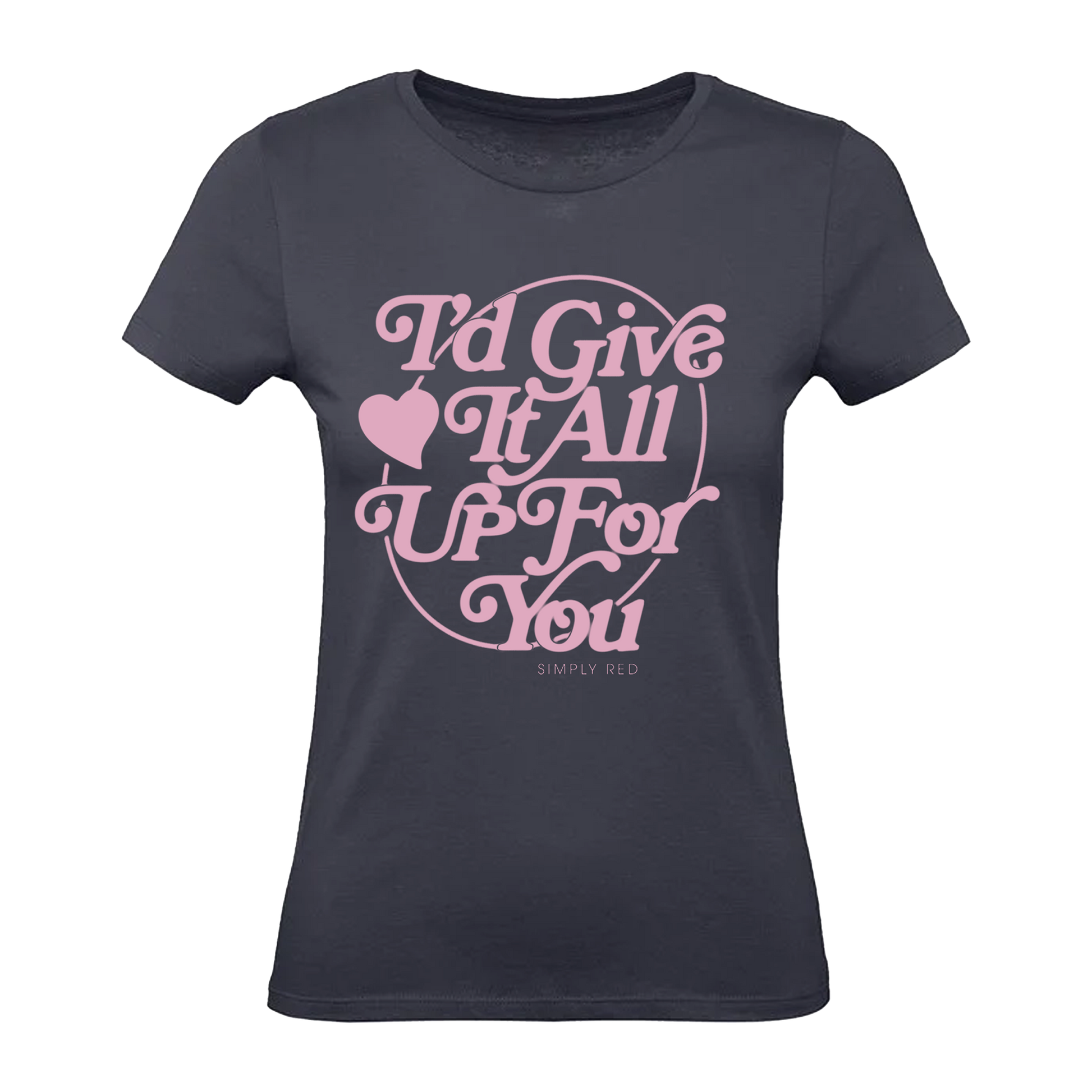 Navy blue t-shirt with pink text and heart design 