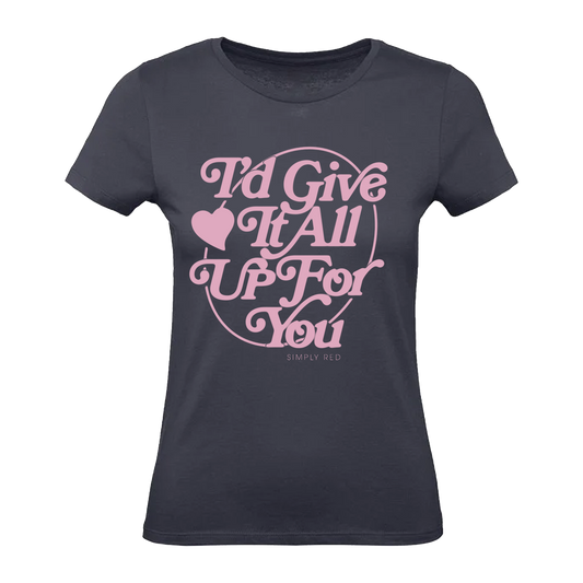 Navy blue t-shirt with pink text and heart design 